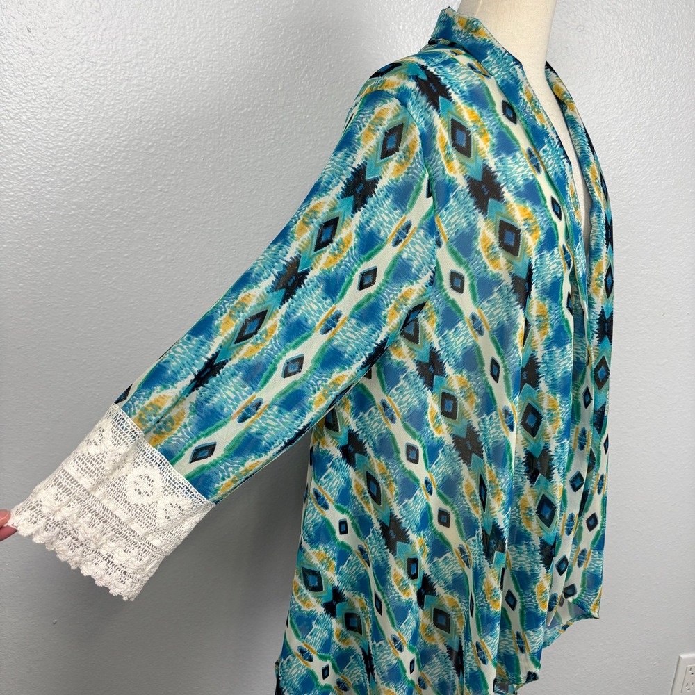 J Lee Blue Southwestern Aztec Print Kimono‎ Cardigan Lace Sleeve Boho XL - Picture 5 of 11